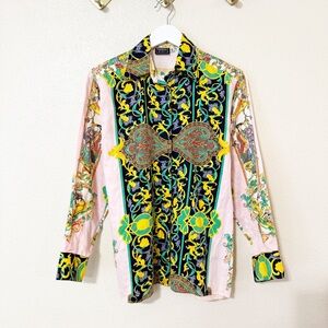 Versace Vintage Versus Floral Chinese Gardner Vase Ornamental Cotton Button Up